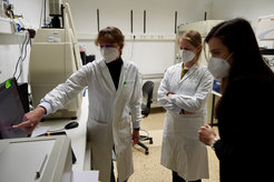Die Wissenschaftlerinnen und die Schülerin diskutieren die Ergebnisse des Western Blots